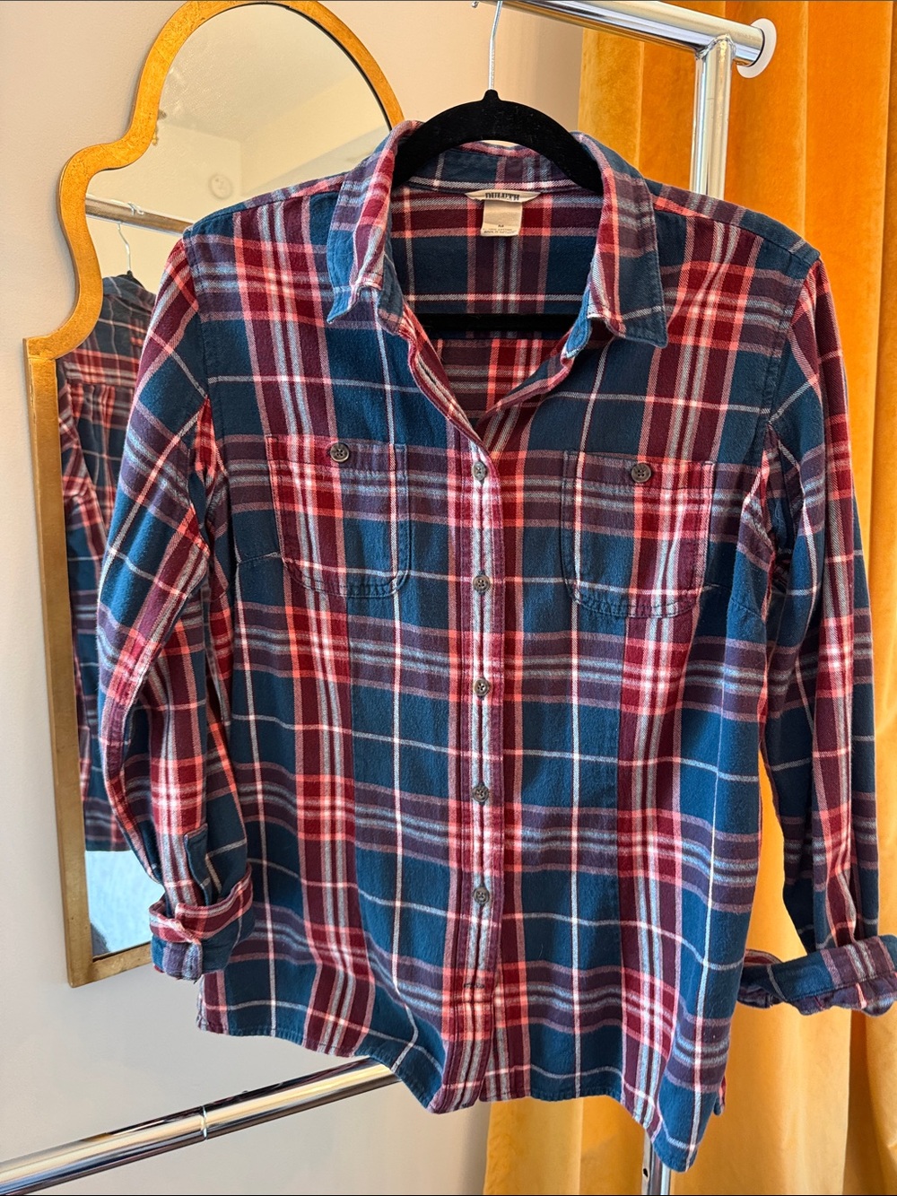 Women’s Navy & Red Plaid Button-Down Flannel Shirt with flex panels in back